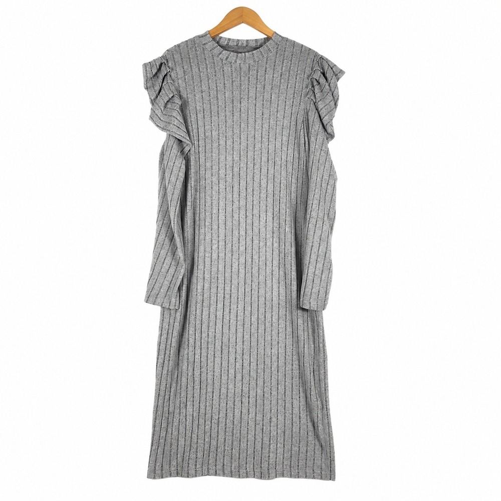 Shein Curve Womens 2XL Grey Ribbed Knit Ruffle Shoulder Long Sleeve Dress